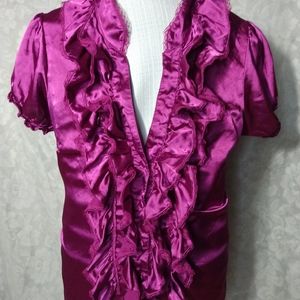 STRETCH Magenta Satin Lace Babydoll Button Down Blouse